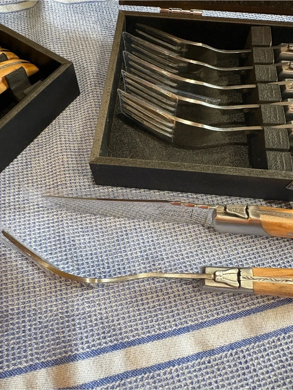 Laguiole Olive Wood Steak Knife & Fork Sets - Brown Wood Handles Set of 6 each